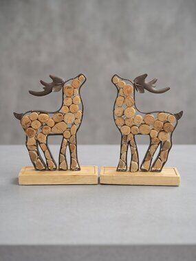 Pink Zebra Cork Wood Metal Deer Figurines Primitive Rustic Decor Set of 2